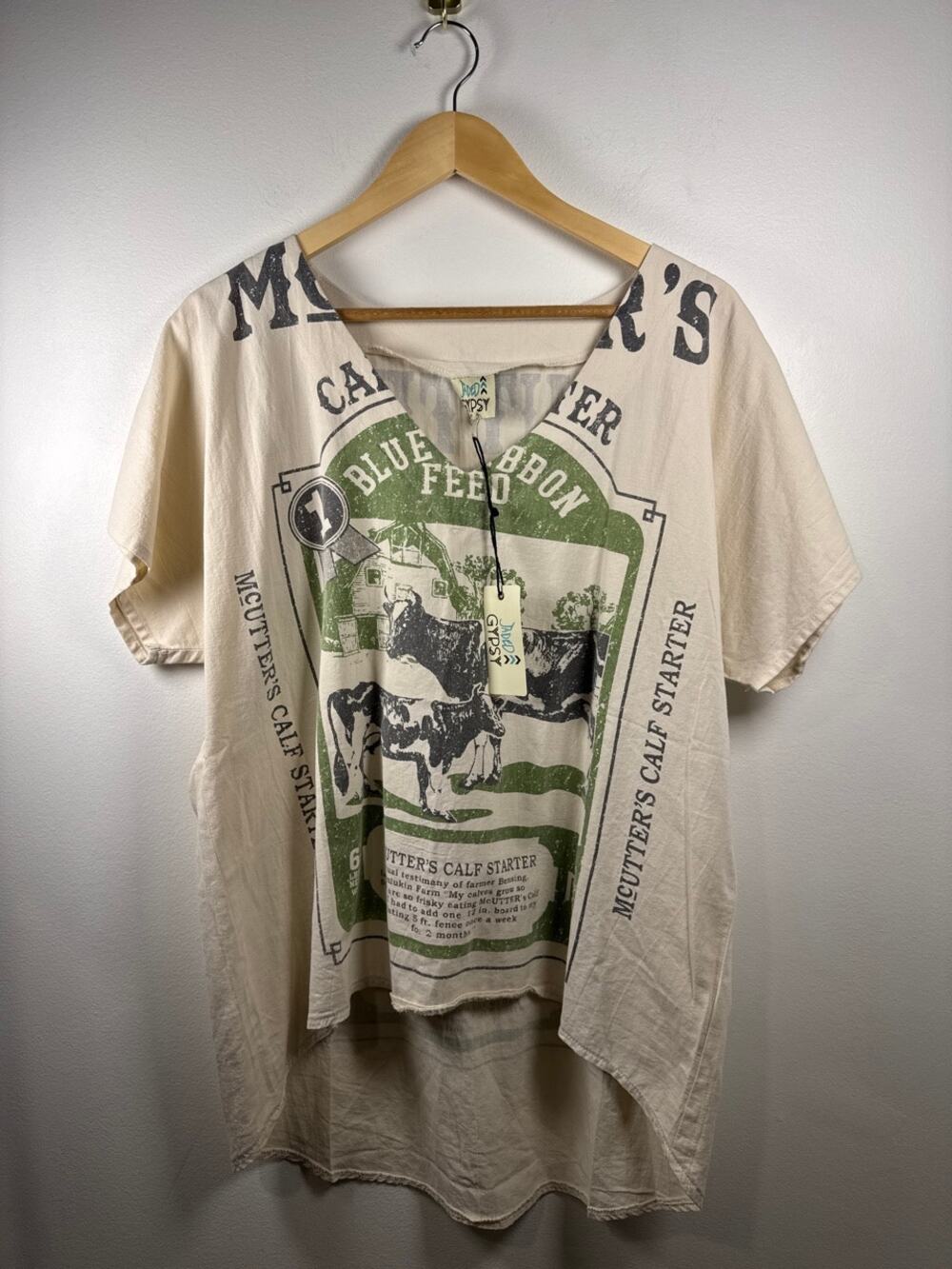 Jaded Gypsy "Calf Starter" Blue Ribbon Feed Graphic Tunic Top, 100% Cotton NWT